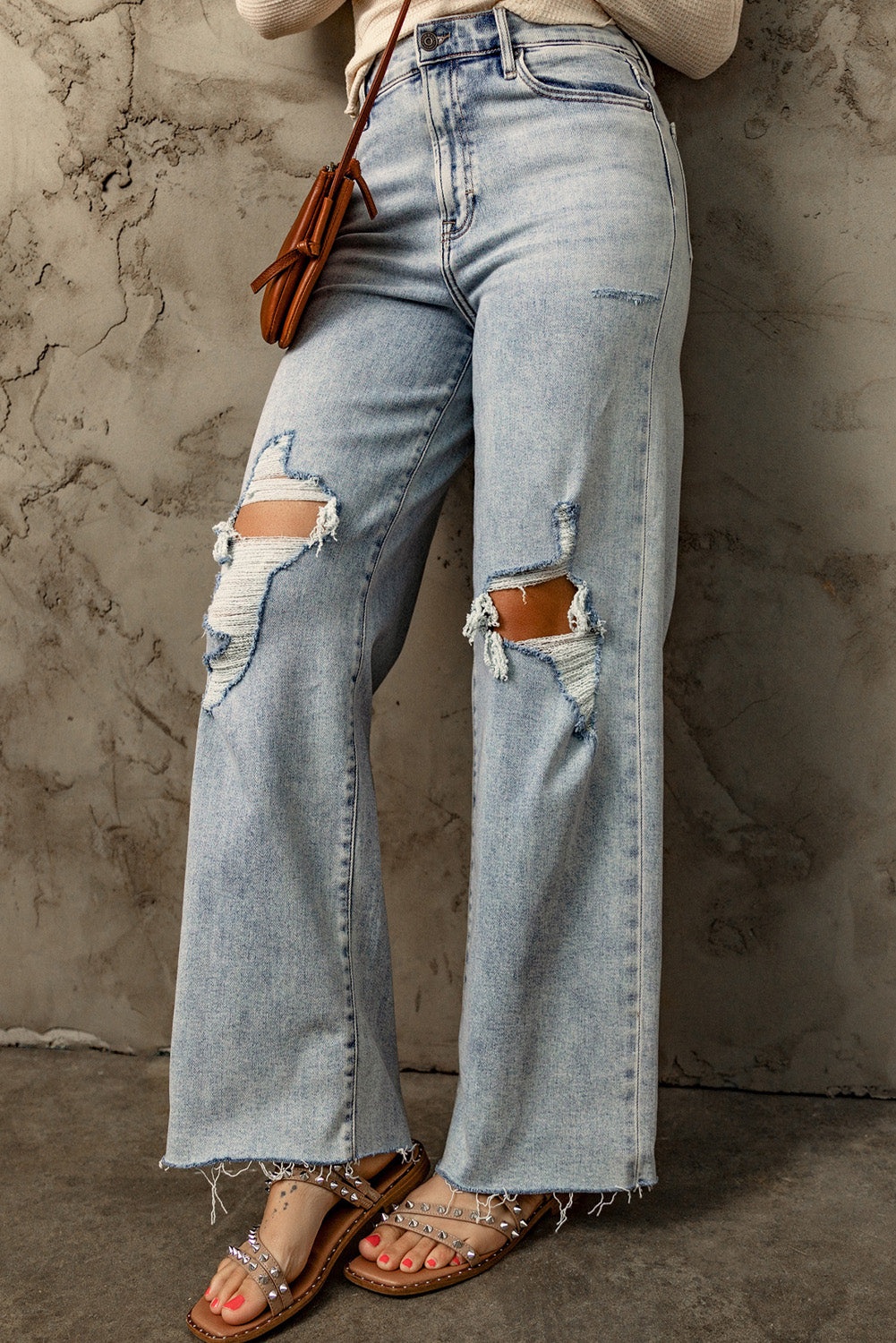 Sky Blue Distressed Frayed Hem Holed Straight Leg Loose Jeans - Mudiwa 