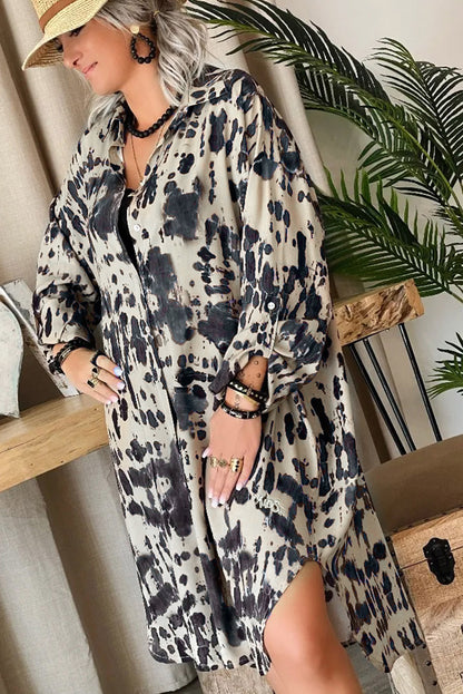 Apricot Splash Ink Print Long Sleeve Button Front Split Dress - Mudiwa 