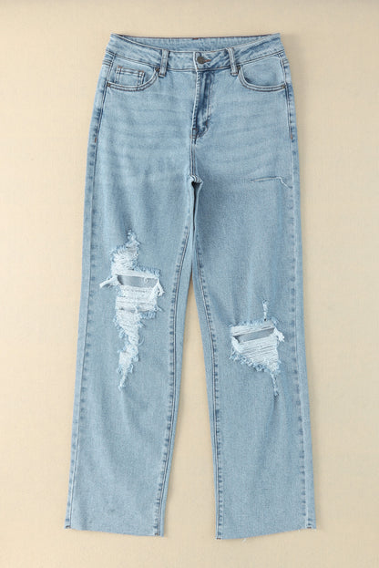 Sky Blue Distressed Frayed Hem Holed Straight Leg Loose Jeans - Mudiwa 