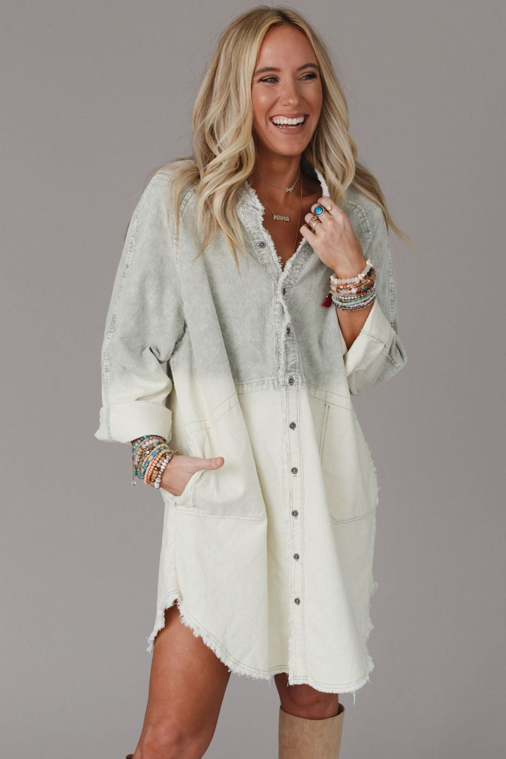 Gray Gradient Long Sleeve Button Up Raw Hem Denim Dress - Mudiwa 