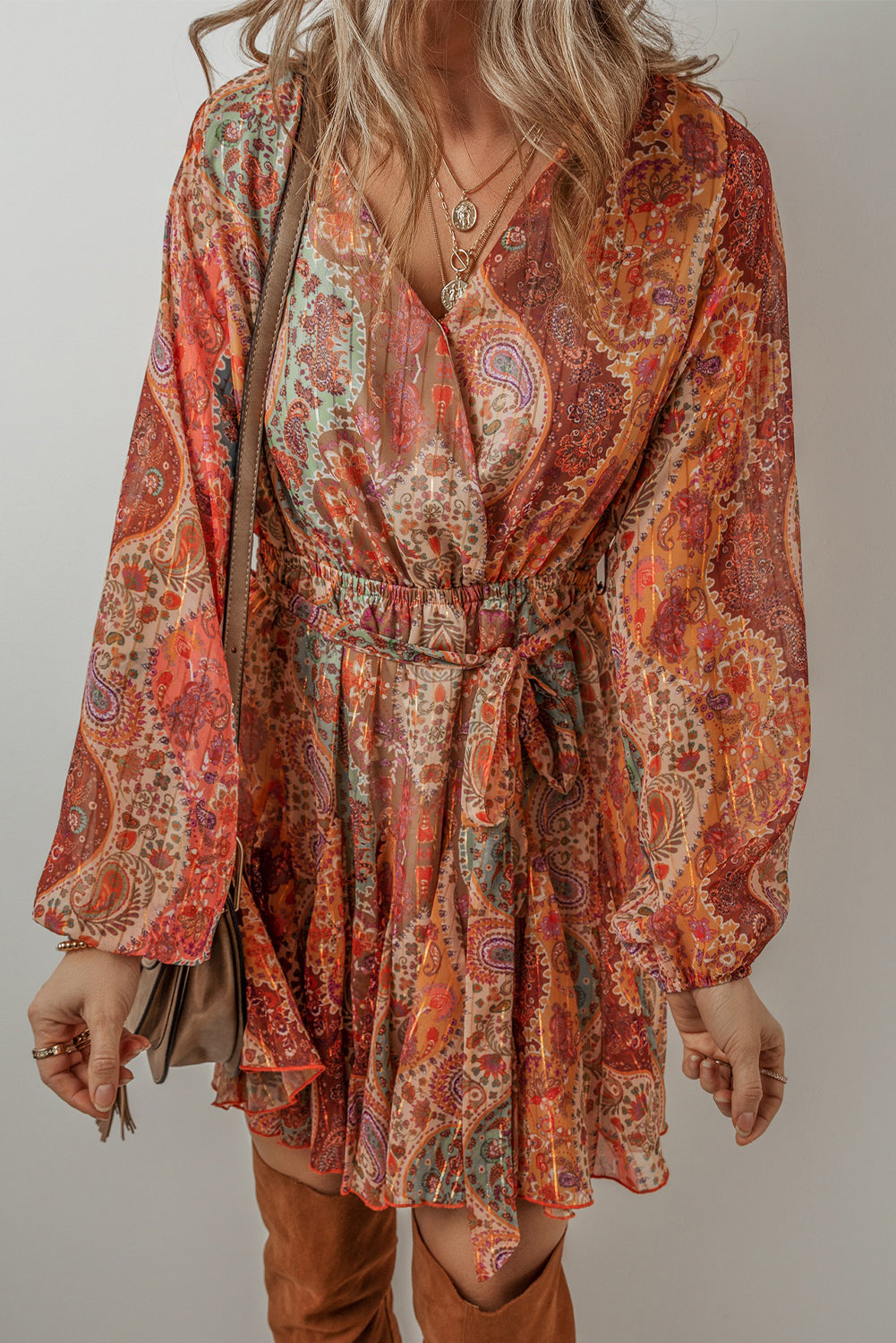 Orange Boho Paisley Print Long Sleeve Pleated Belted Mini Dress - Mudiwa 