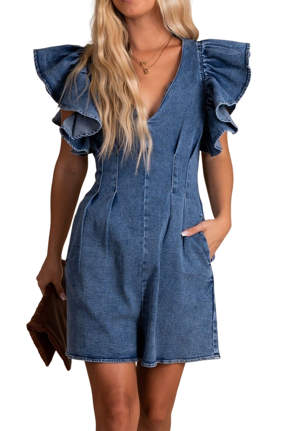 Blue Ruffle Pleated Denim Romper with Pockets - Mudiwa 