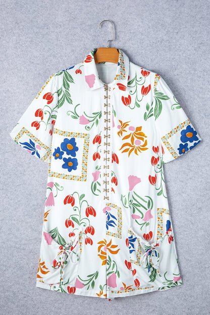 White Floral Print Split Neck Pocketed Shirt Collar Romper - Mudiwa 