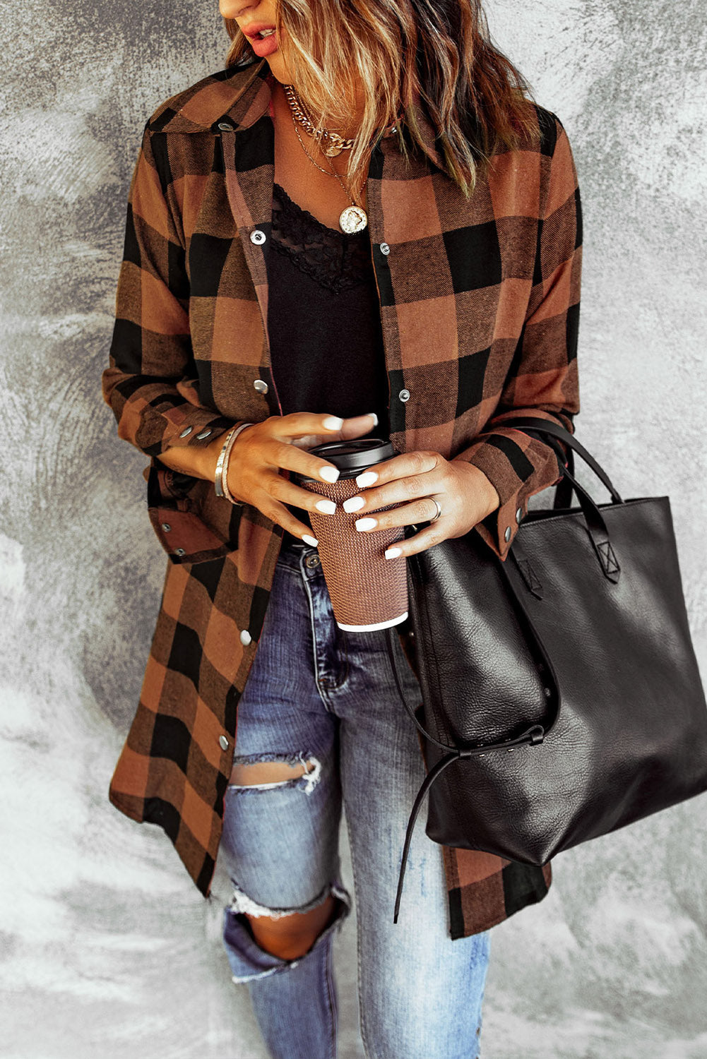 Brown Turn-down Collar Plaid Shirt Coat - Mudiwa 