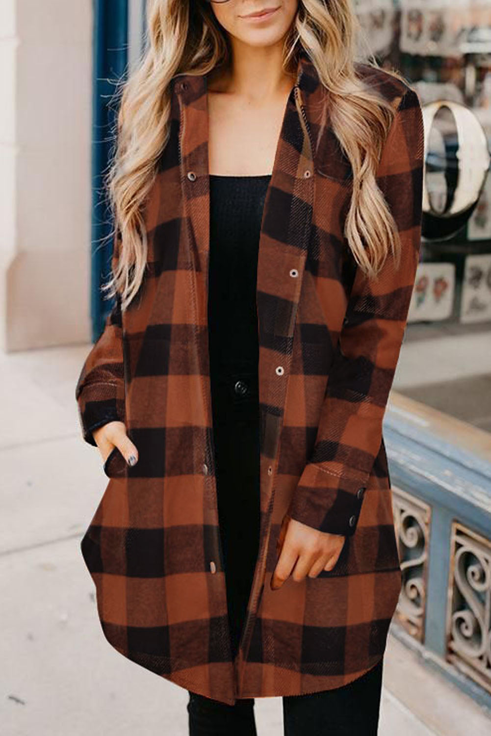 Brown Turn-down Collar Plaid Shirt Coat - Mudiwa 