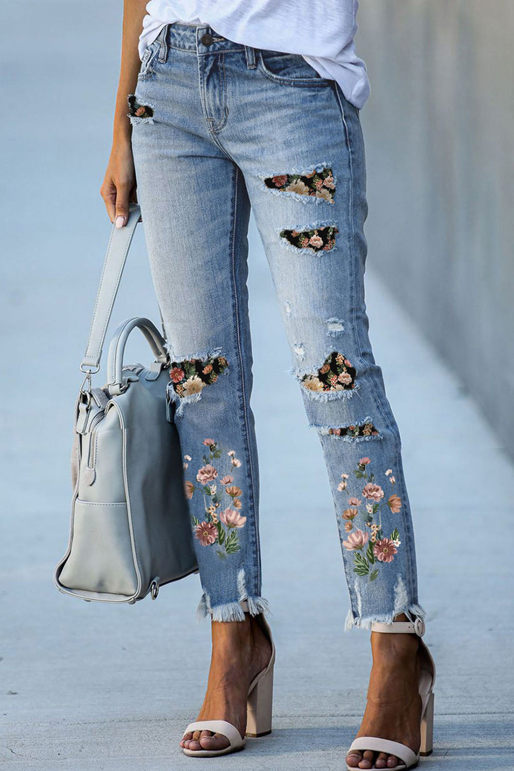 Sky Blue Printed Patch Ripped Skinny Jeans - Mudiwa 