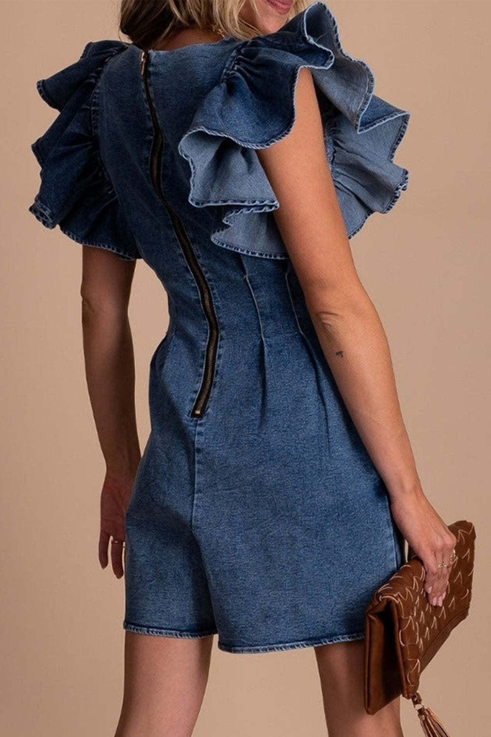 Blue Ruffle Pleated Denim Romper with Pockets - Mudiwa 