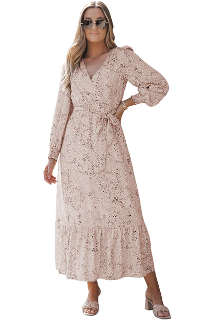 Leopard Surplice Neck Bubble Sleeve Maxi Dress with Sash - Mudiwa 