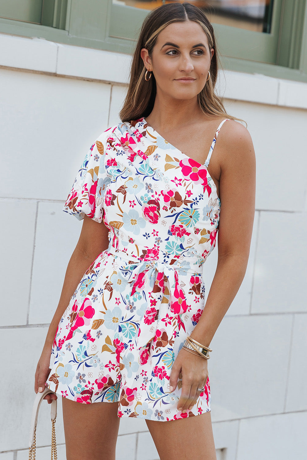 White Floral Single Bubble Sleeve Slant Shoulder Romper - Mudiwa 