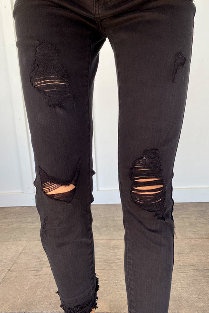 Black Distressed Raw Edge Cropped Skinny Jeans - Mudiwa 