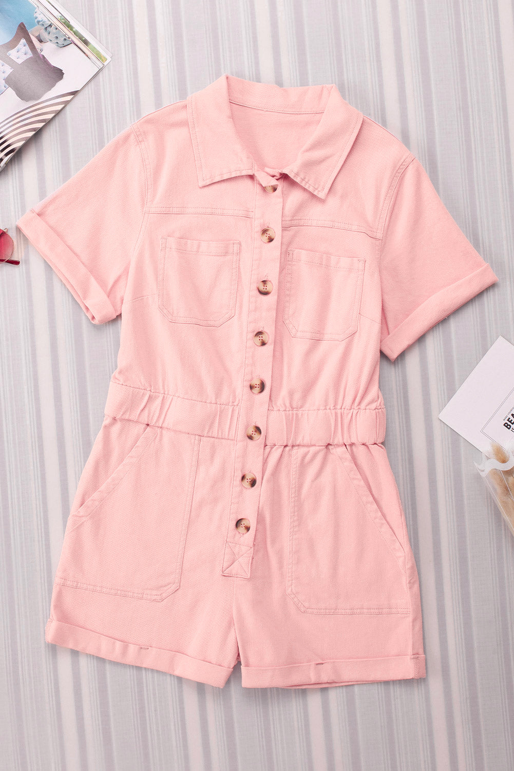 Pink Pocketed Button Down Denim Romper - Mudiwa 