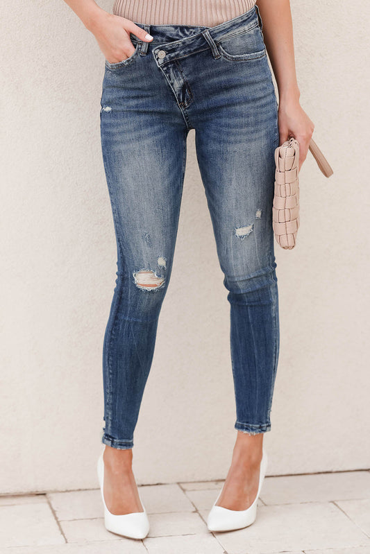 Sky Blue Asymmetric Button Zip Fly Distressed Skinny Jeans - Mudiwa 