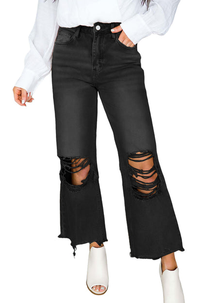 Black Distressed Hollow-out High Waist Cropped Flare Jeans - Mudiwa 