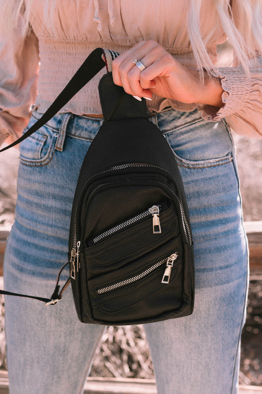 Black Faux Leather Multi-pockets Zipped Chest Bag