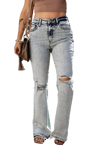 Light Blue Distressed Light Washed Slit Knee Flared Jeans - Mudiwa 