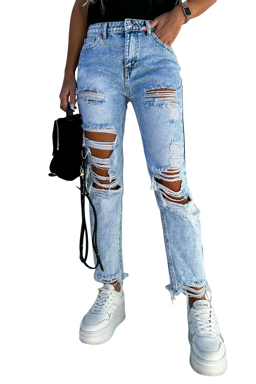 Sky Blue Acid Wash Distressed Slim Fit Jeans - Mudiwa 