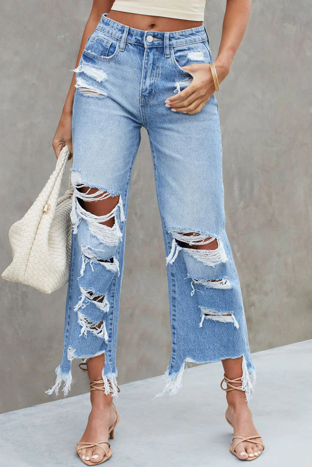 Sky Blue Heavy Destroyed High Waist Jeans - Mudiwa 