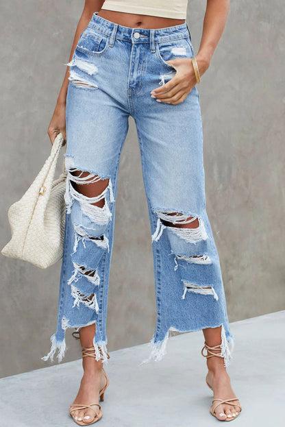 Sky Blue Heavy Destroyed High Waist Jeans - Mudiwa 