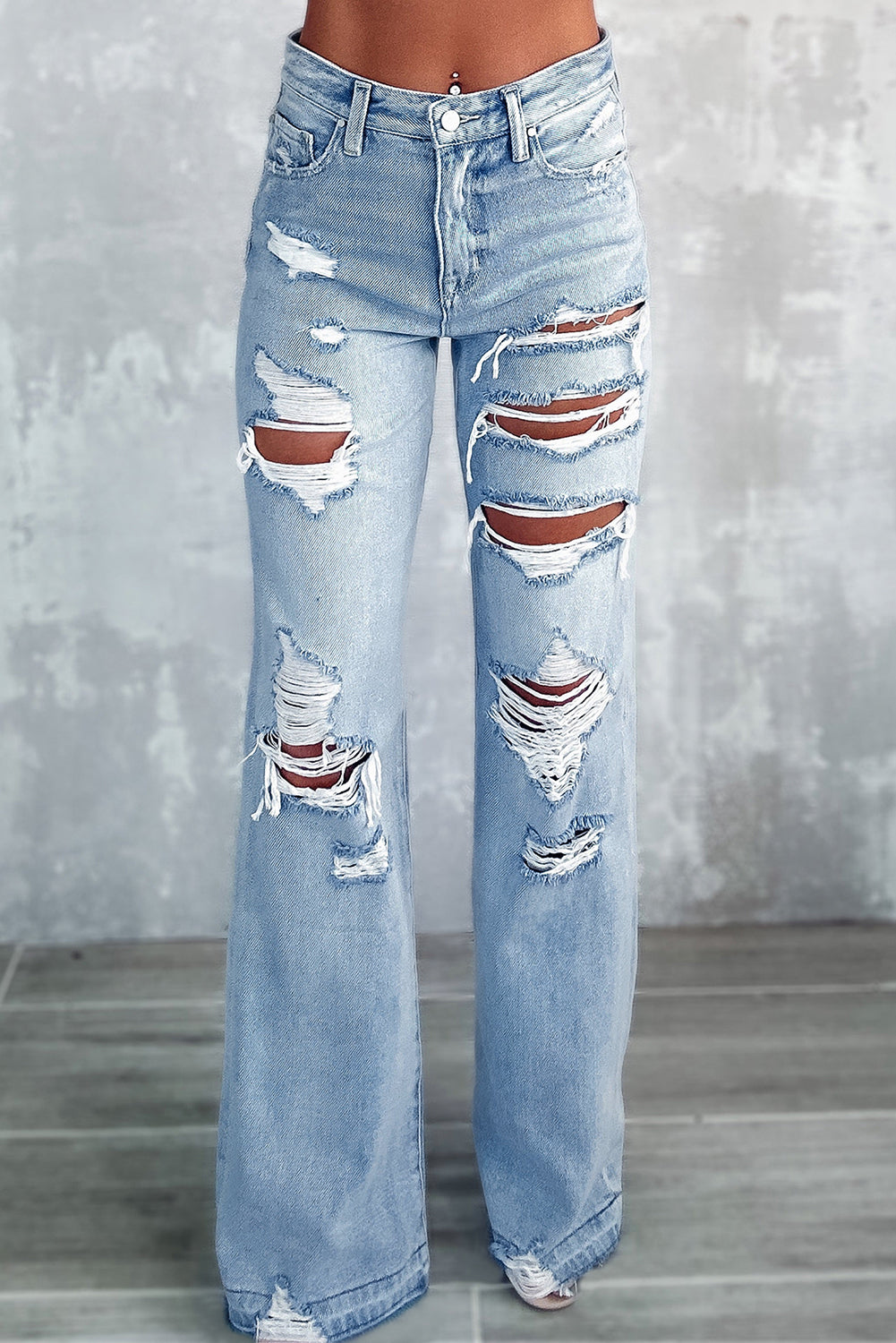 Sky Blue Vintage Distressed Ripped Wide Leg Jeans - Mudiwa 