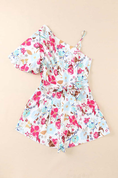 White Floral Single Bubble Sleeve Slant Shoulder Romper - Mudiwa 