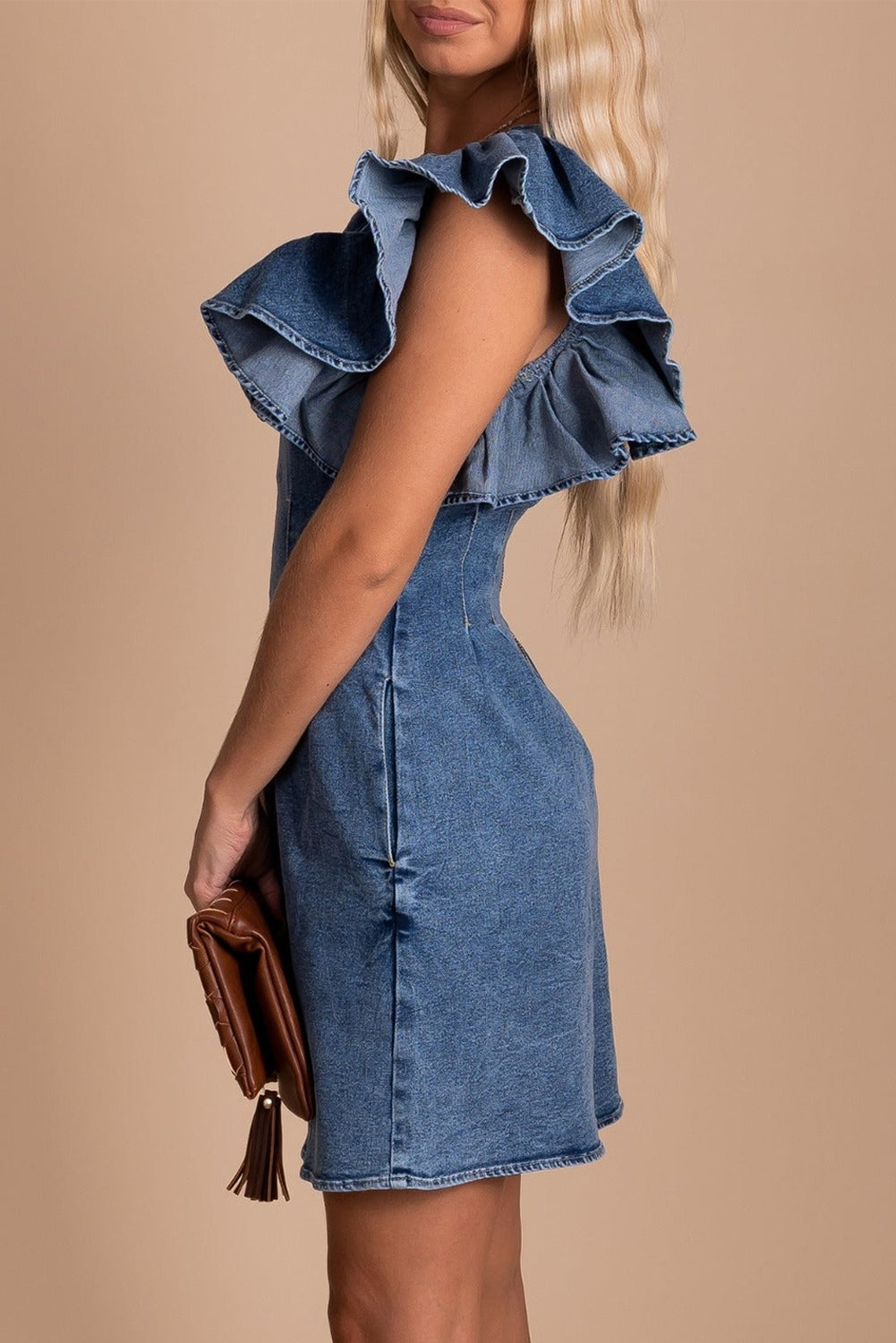 Blue Ruffle Pleated Denim Romper with Pockets - Mudiwa 