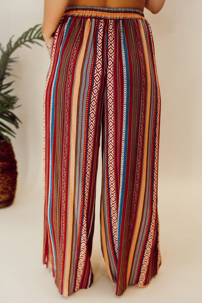 Red Boho Ethnic Striped Print Tie Waist Wide Leg Pants - Mudiwa 