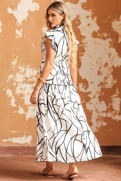 White Abstract Vein Print V Neck Ruffle Maxi Dress - Mudiwa 