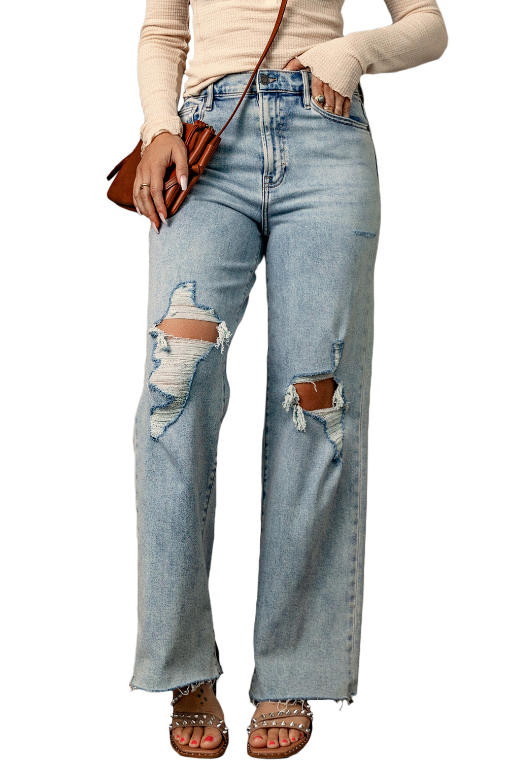 Sky Blue Distressed Frayed Hem Holed Straight Leg Loose Jeans - Mudiwa 