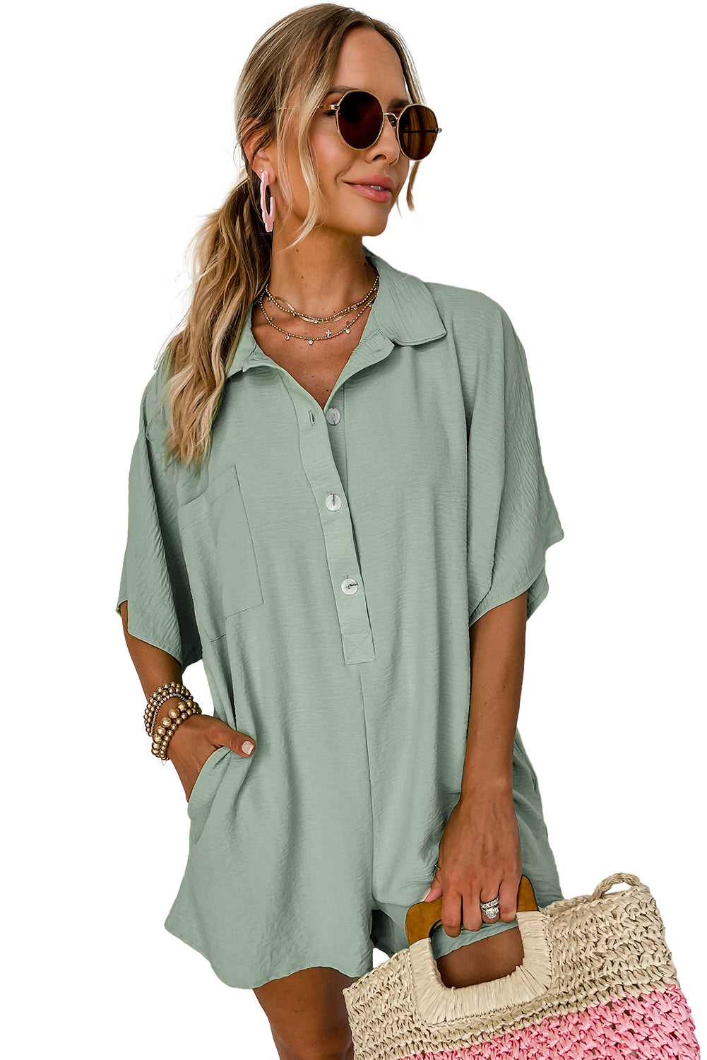 Spinach Green Half Button Collared Loose Romper - Mudiwa 