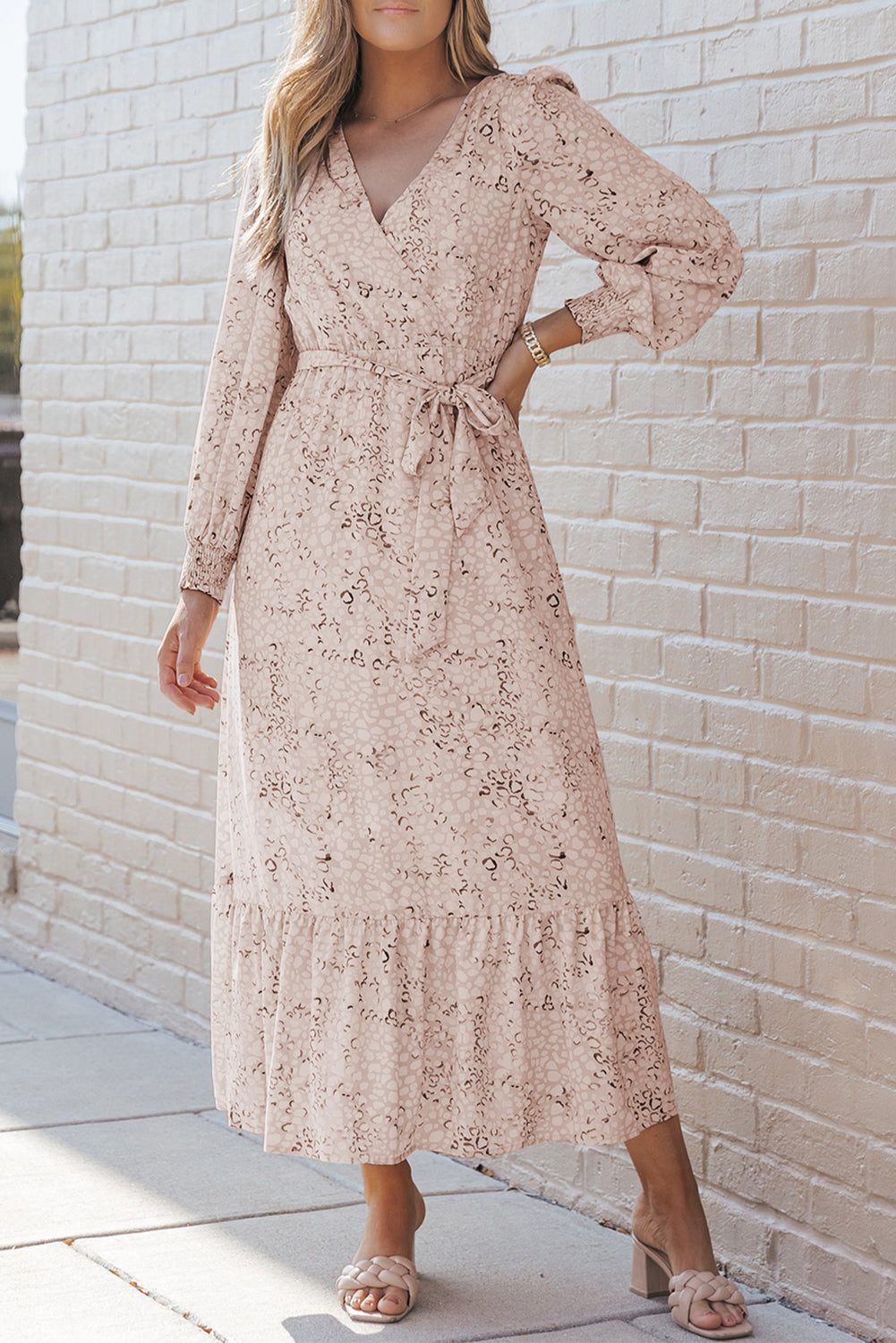 Leopard Surplice Neck Bubble Sleeve Maxi Dress with Sash - Mudiwa 