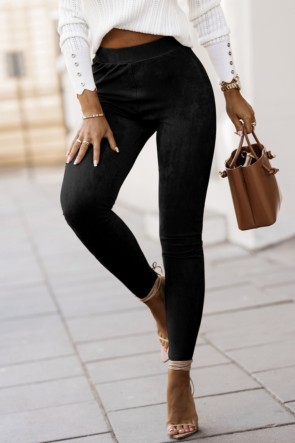 Black High Waist Faux Suede Skinny Leggings - Mudiwa 