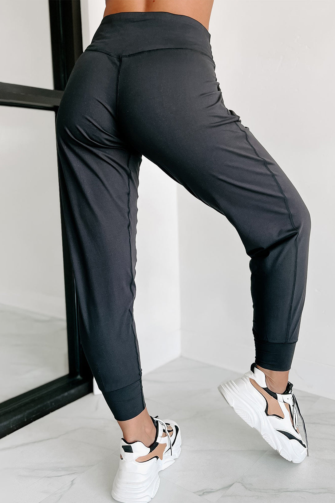 Black Exposed Seam High Waist Pocketed Joggers - Mudiwa 