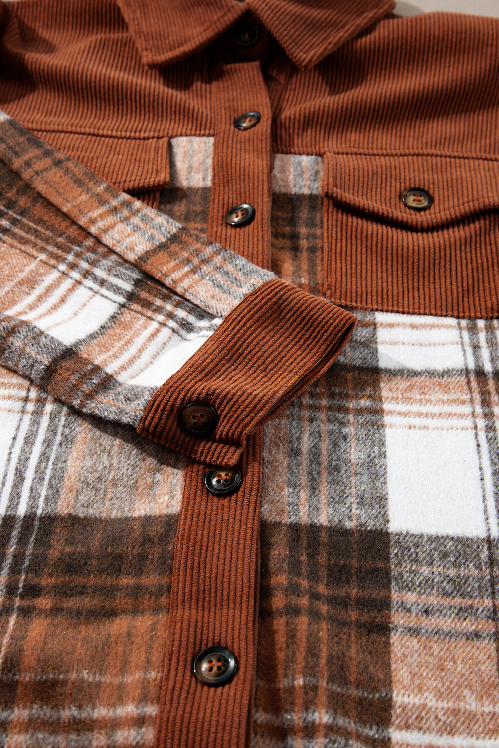 Cinnamon Plaid Corduroy Patchwork Chest Pocket Shacket