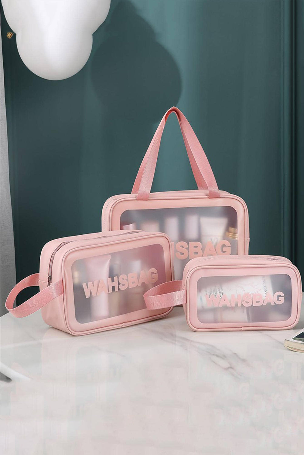 Pink WASHBAG Print Clear Frosted Waterproof 3pcs Bag Set - Mudiwa 