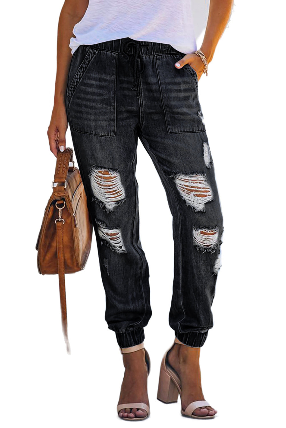 Black Pocketed Distressed Denim Jean - Mudiwa 