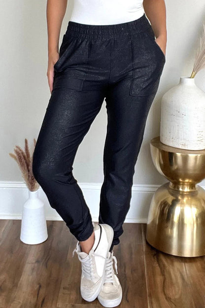 Black Elastic Waist Pocketed Pebble Joggers - Mudiwa 