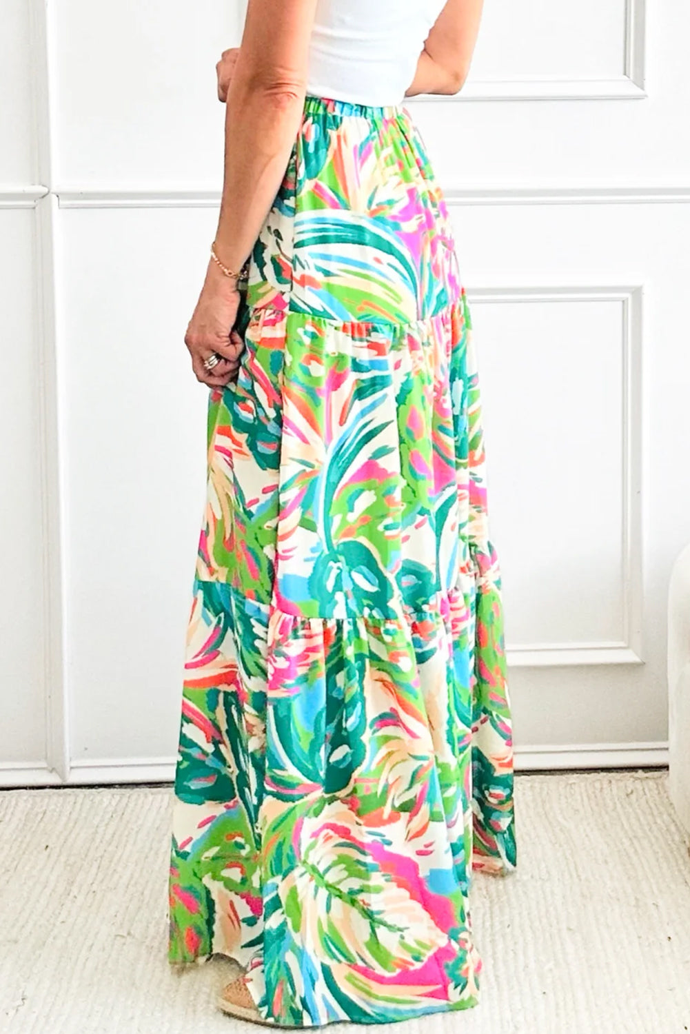 Green Abstract Printed High Waist Tiered Maxi Skirt - Mudiwa 