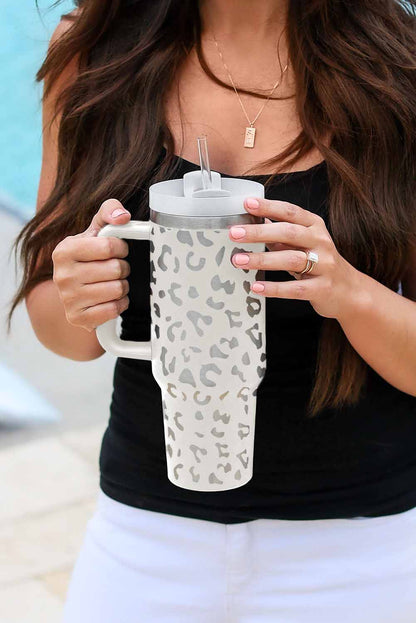 White Leopard Print 40OZ Stainless Steel Portable Cup with Handle - Mudiwa 