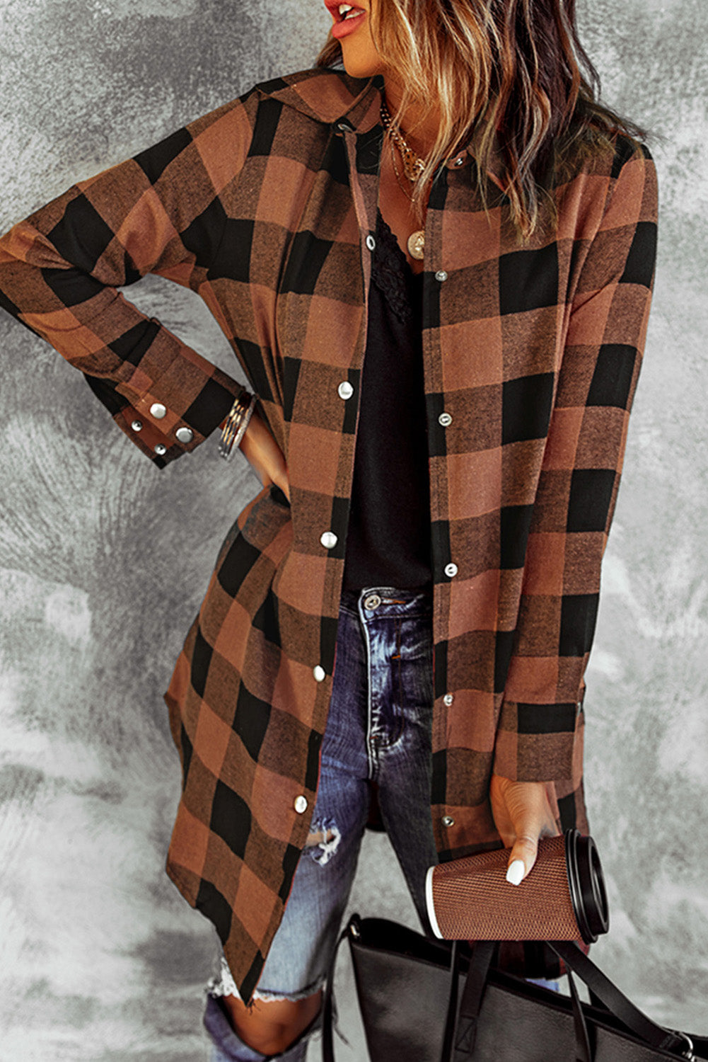 Brown Turn-down Collar Plaid Shirt Coat - Mudiwa 