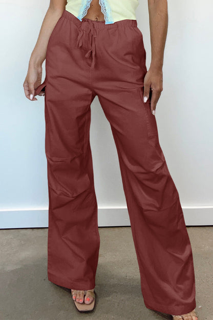 Mineral Red Solid Color Drawstring Waist Wide Leg Cargo Pants - Mudiwa 