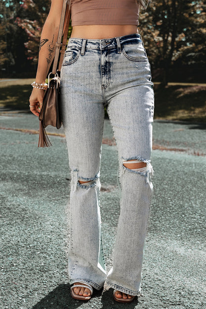 Light Blue Distressed Light Washed Slit Knee Flared Jeans - Mudiwa 