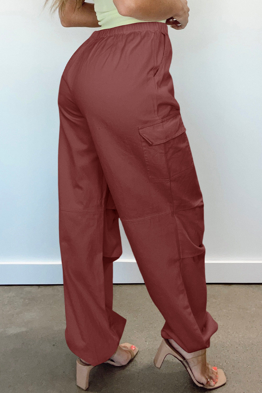 Mineral Red Solid Color Drawstring Waist Wide Leg Cargo Pants - Mudiwa 