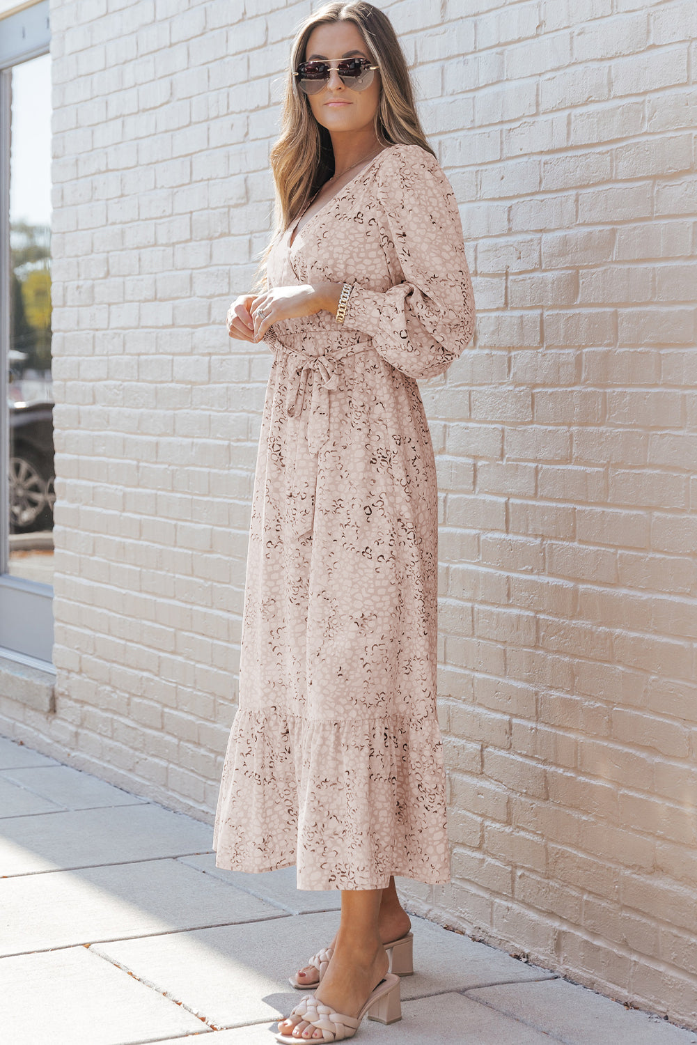 Leopard Surplice Neck Bubble Sleeve Maxi Dress with Sash - Mudiwa 