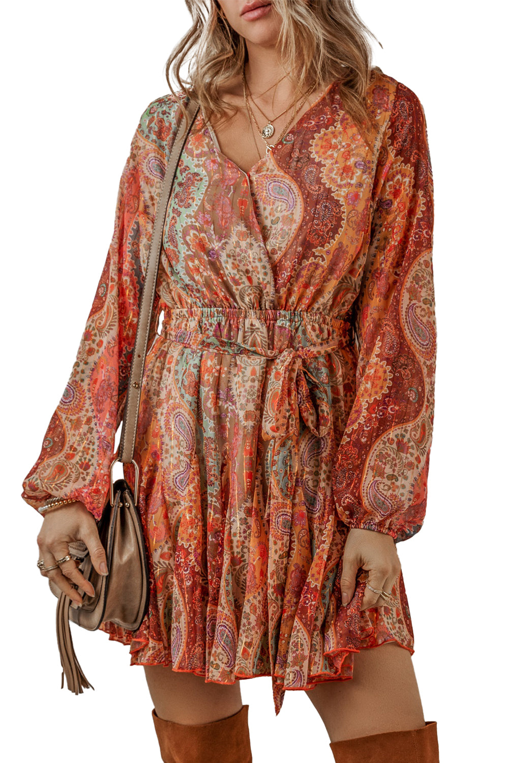 Orange Boho Paisley Print Long Sleeve Pleated Belted Mini Dress - Mudiwa 