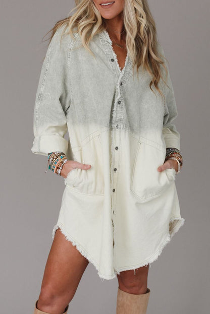 Gray Gradient Long Sleeve Button Up Raw Hem Denim Dress - Mudiwa 