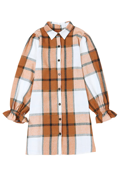 Khaki Plaid Pattern Collared Neck Ruffled Sleeve Shirt Dress - Mudiwa 