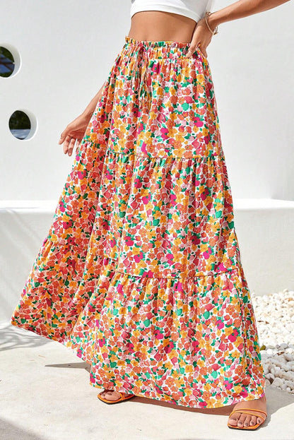 Yellow Boho Floral Print Tiered Long Skirt - Mudiwa 