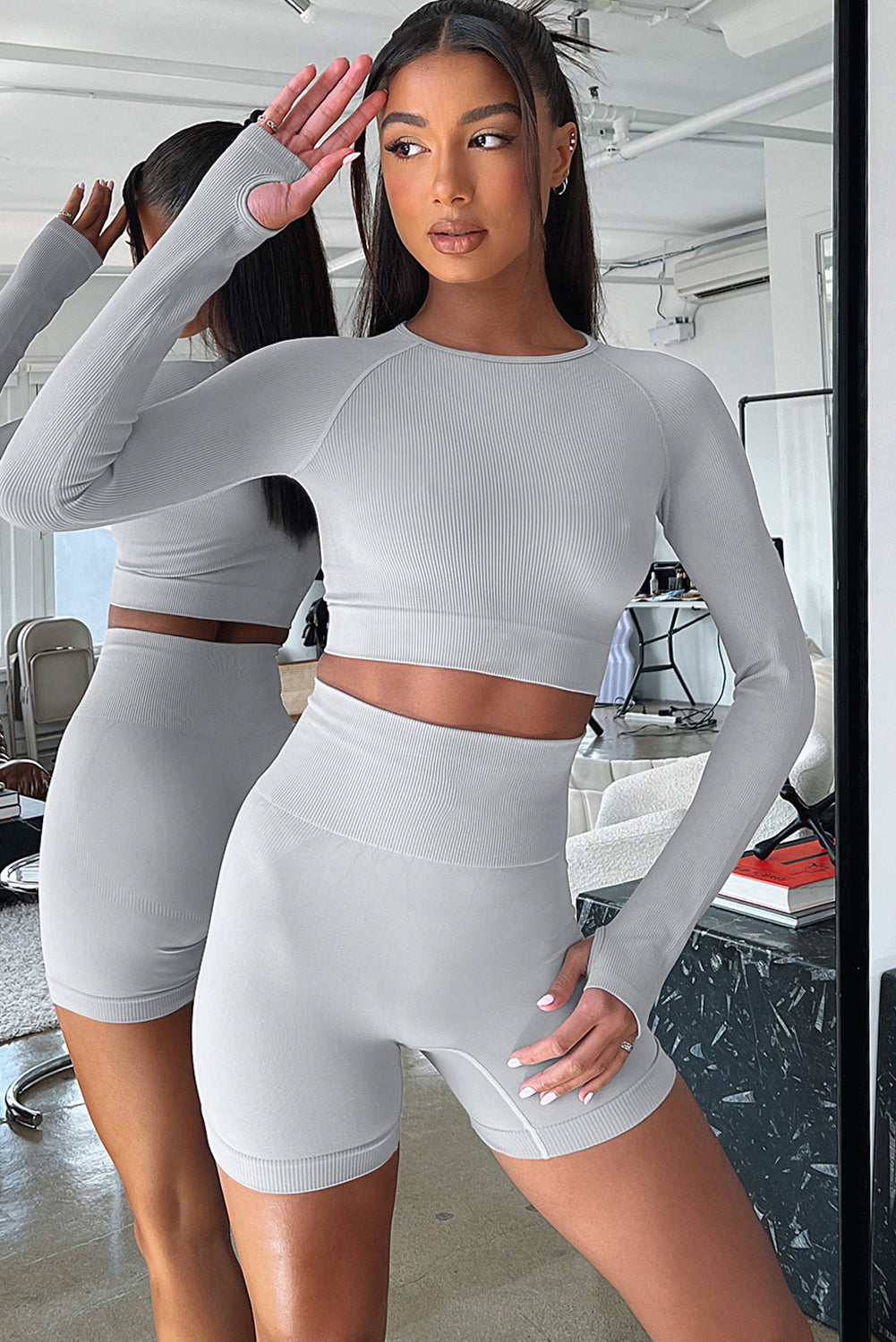 Gray Long Sleeve Seamless Crop Smoke - Mudiwa 