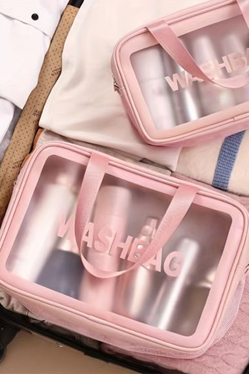 Pink WASHBAG Print Clear Frosted Waterproof 3pcs Bag Set - Mudiwa 