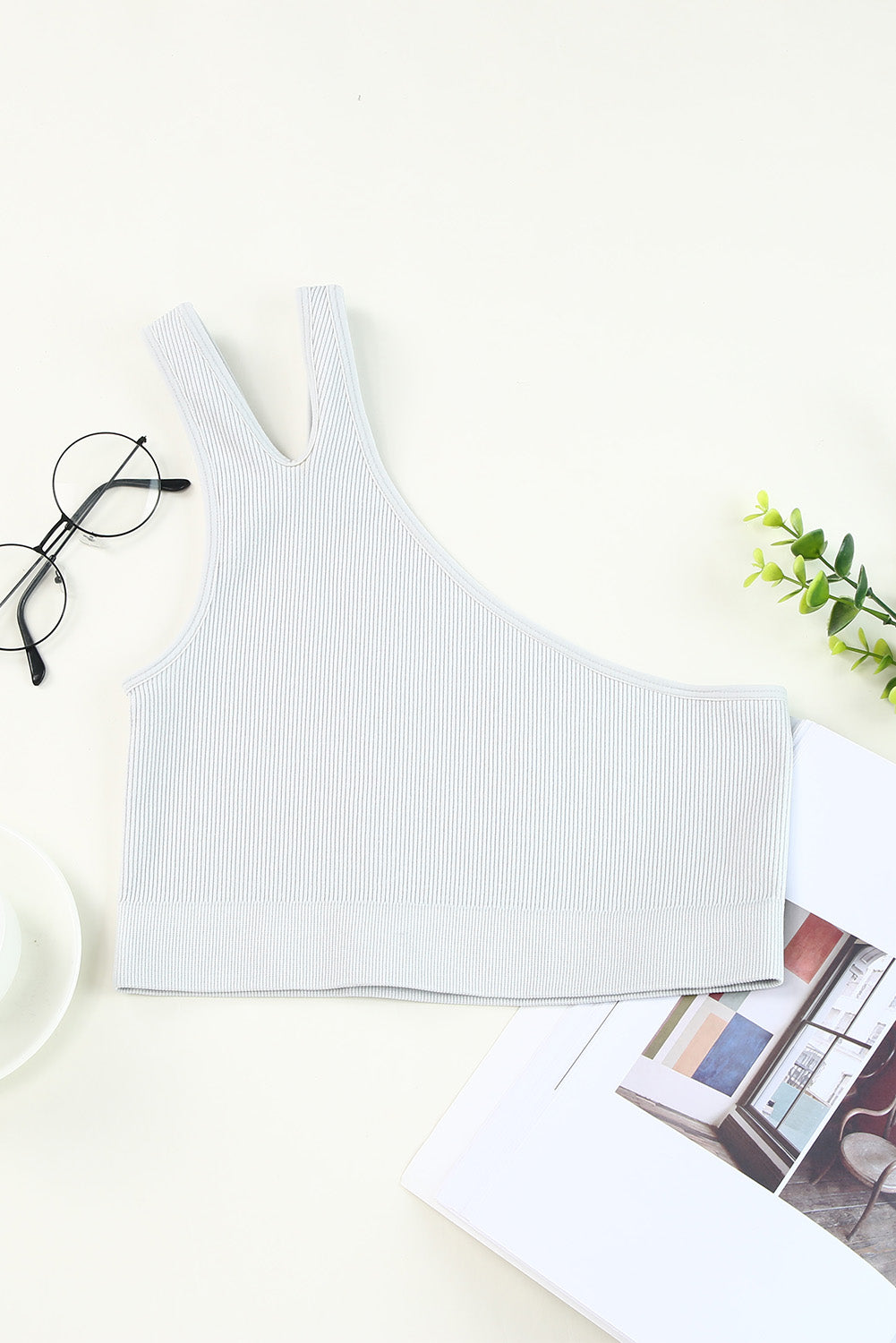 Gray Single Split Shoulder Ribbed Sports Bra